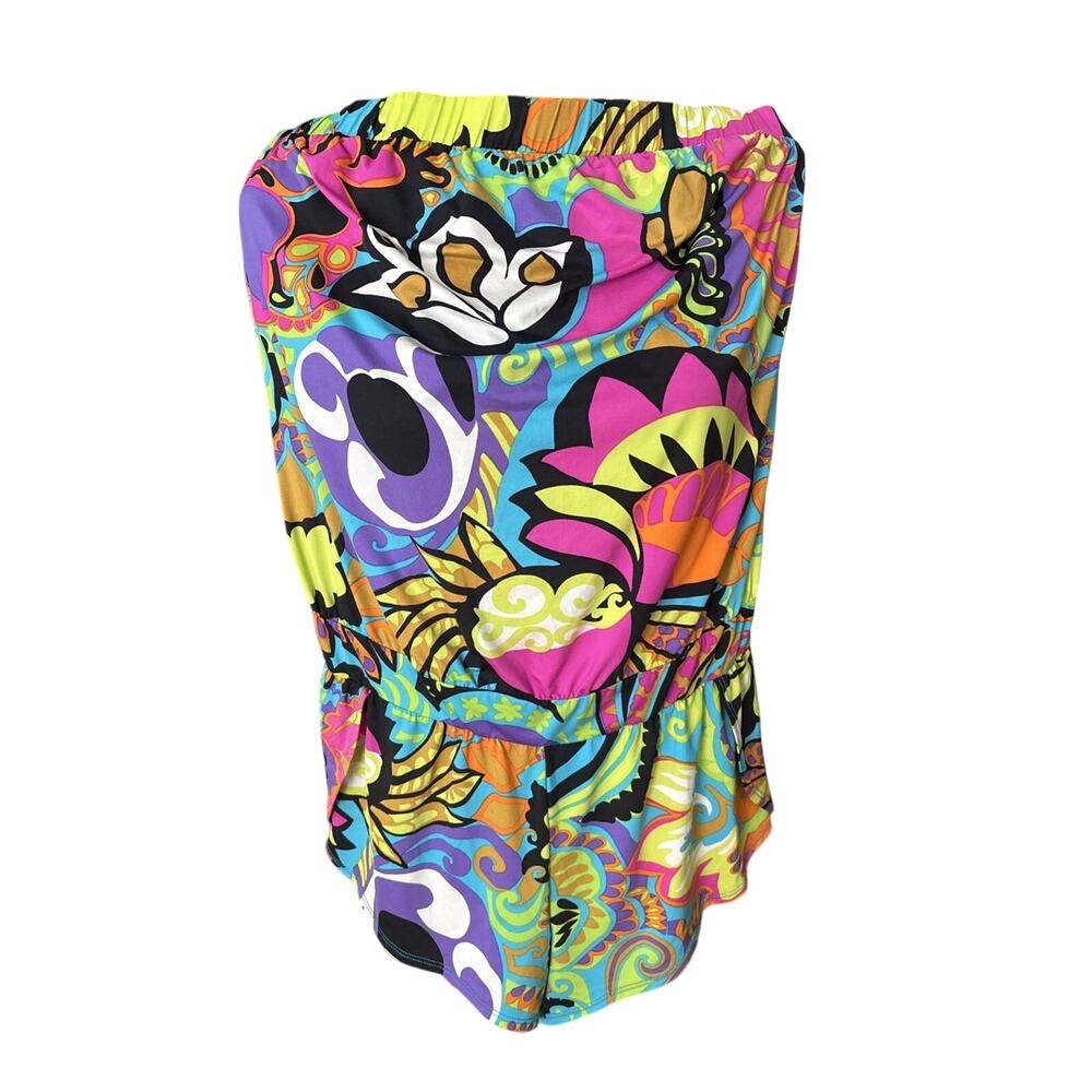 Trina Turk Strapless Romper Swim Coverup Sz L bright Mod print elastic Waist